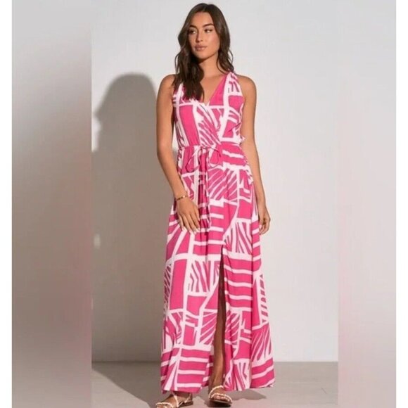 Elan Fuchsia Pink White Sleeveless Maxi Dress MEDIUM Sheer Spaghetti Straps - Picture 1 of 16